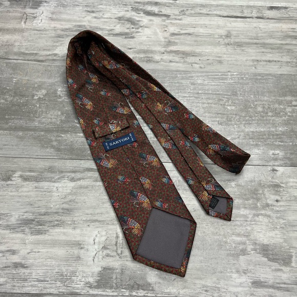 Sartori Red & Olive Fishing Lure Pattern Silk Tie - Picture 2 of 4